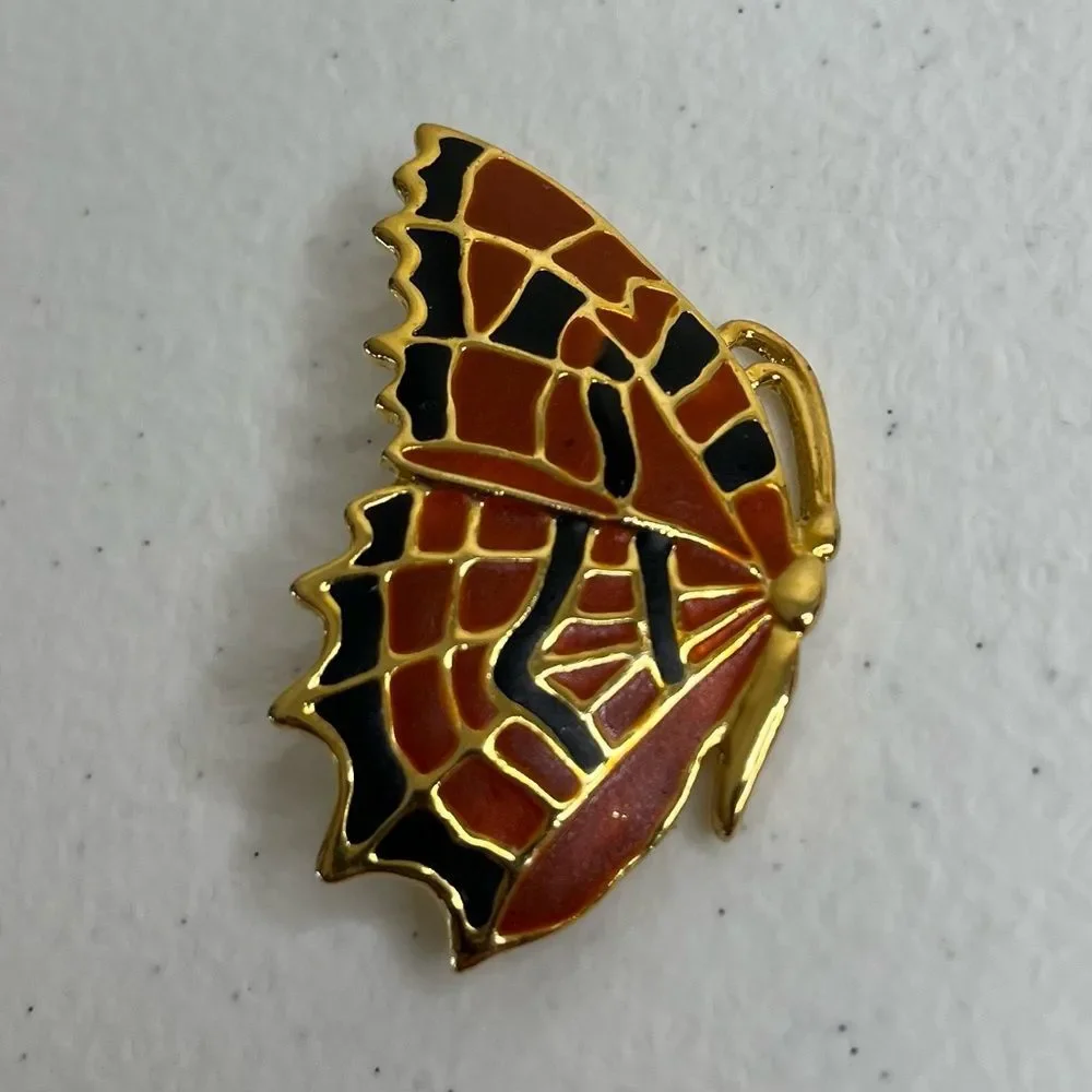 Vintage Orange Black Goldtone Butterfly Brooch Pin Costume Jewelry 1.25